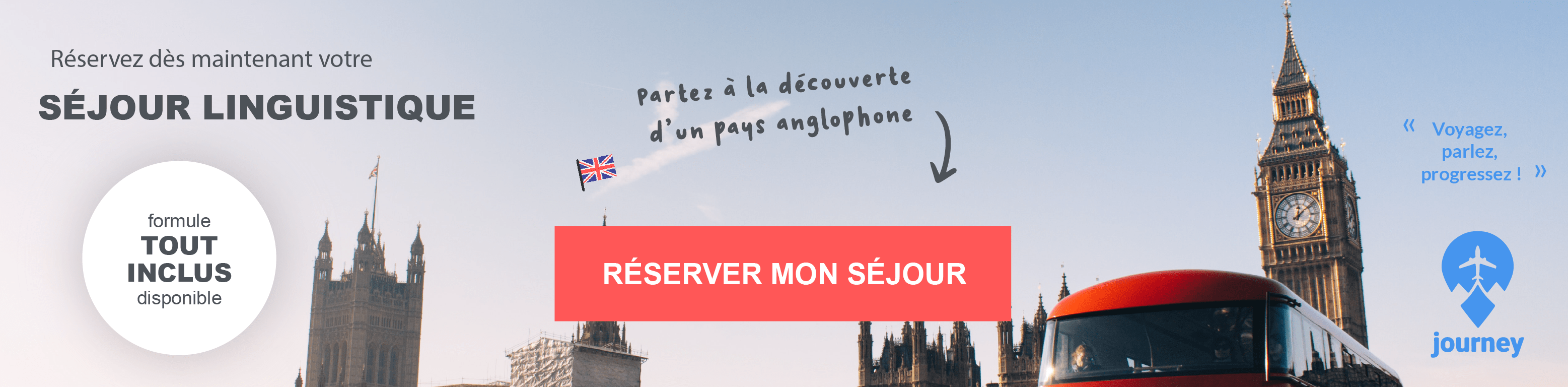 Bannière de l'agence Journey avec en fond une photo de Londres et un bouton permettant de réserver son séjour linguistique dans un pays anglophone
